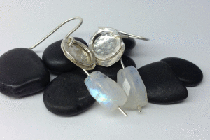 Hammered silver disks and hoops with moonstone. $30