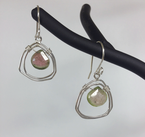 Tourmaline comes in an incredible array of colours, sometimes within the same crystal! These watermelon tourmalines are pink with a green 'rind'. The hoops are ~20mm across. Sterling silver, $65