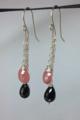 Pink sapphire and black garnet stones hanging from delicate chain. ~4cm long. All silver is sterling. Sold