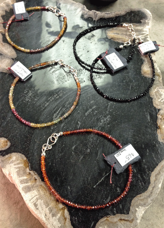 Multicoloured sapphire ($65) and black spinel ($32) bracelets. All silver is sterling.